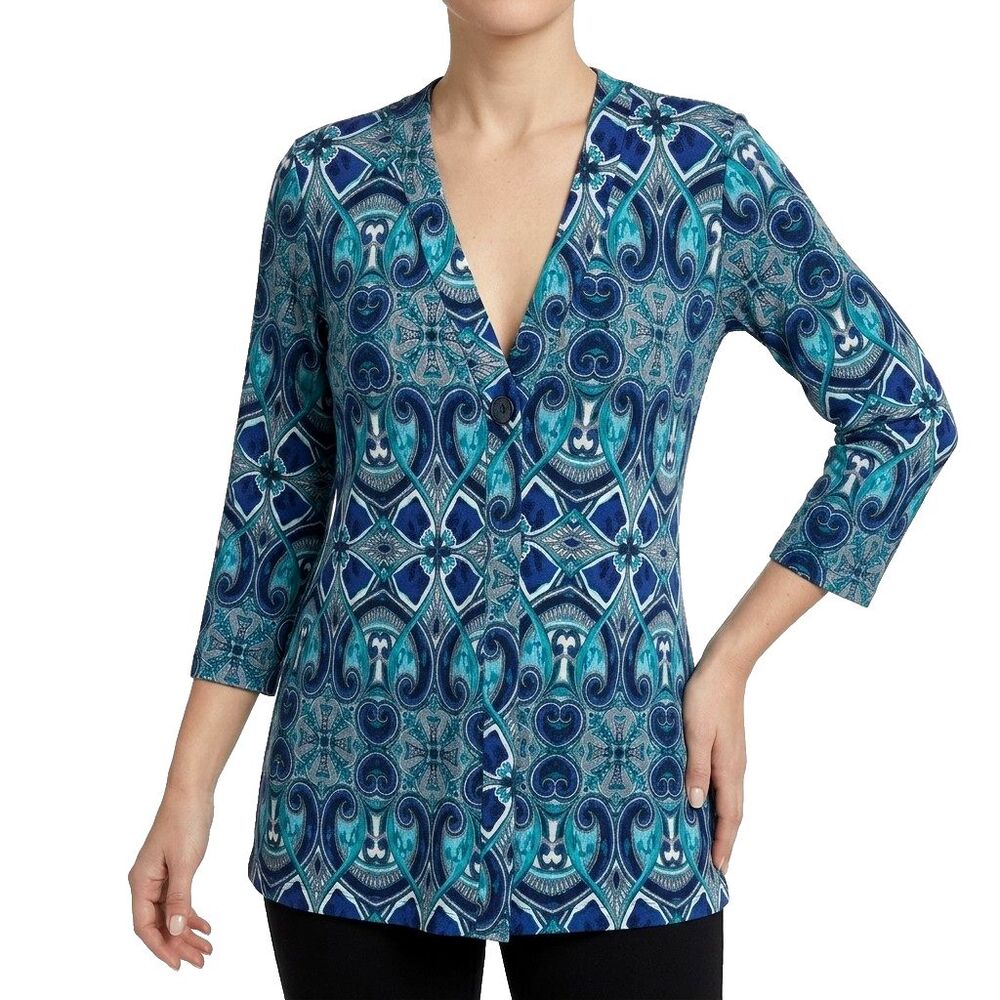 Chicos Easywear Womens Cardigan 0 S Blue Geometric Stretch One Button 3/4 Sleeve
